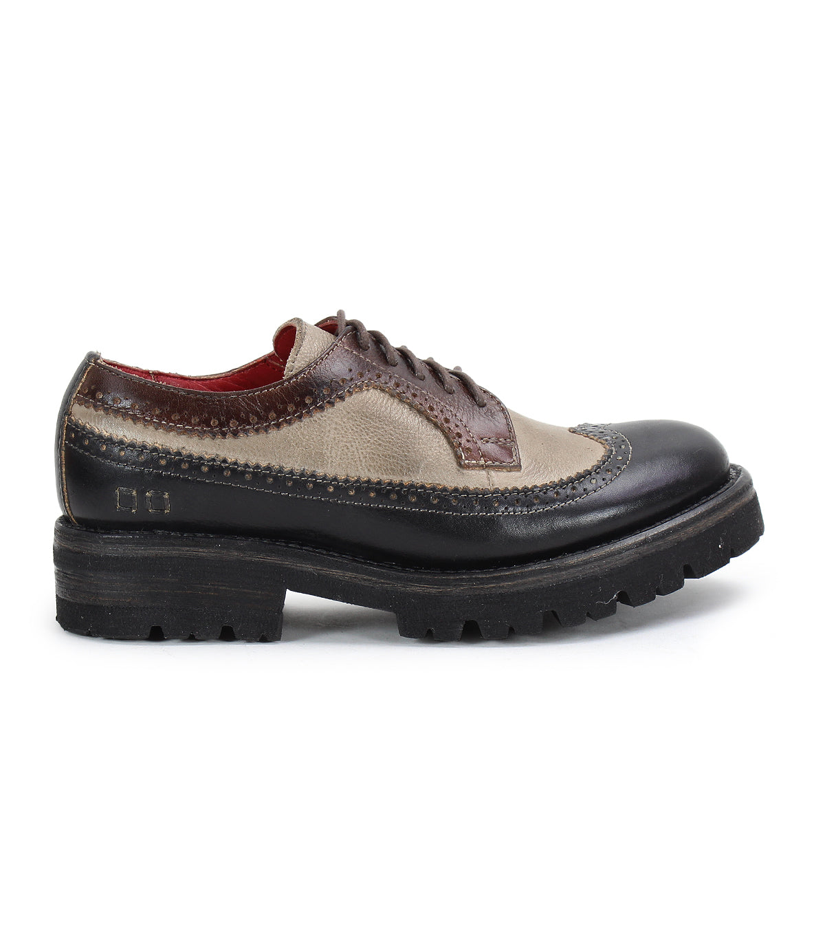 Introducing the Bed|Stü Lita K III, a men's lace-up oxford shoe in beige and brown leather with a two-tone design, brogue detailing, and a thick black rubber sole. This vintage-inspired style blends classic elegance with modern comfort.