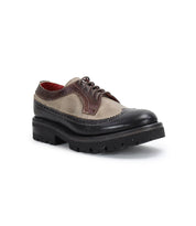 The Lita K III by Bed|Stü is a brown and beige lace-up oxford shoe with brogue detailing, crafted from canvas and leather. It features a thick black rubber sole and is displayed against a white background.
