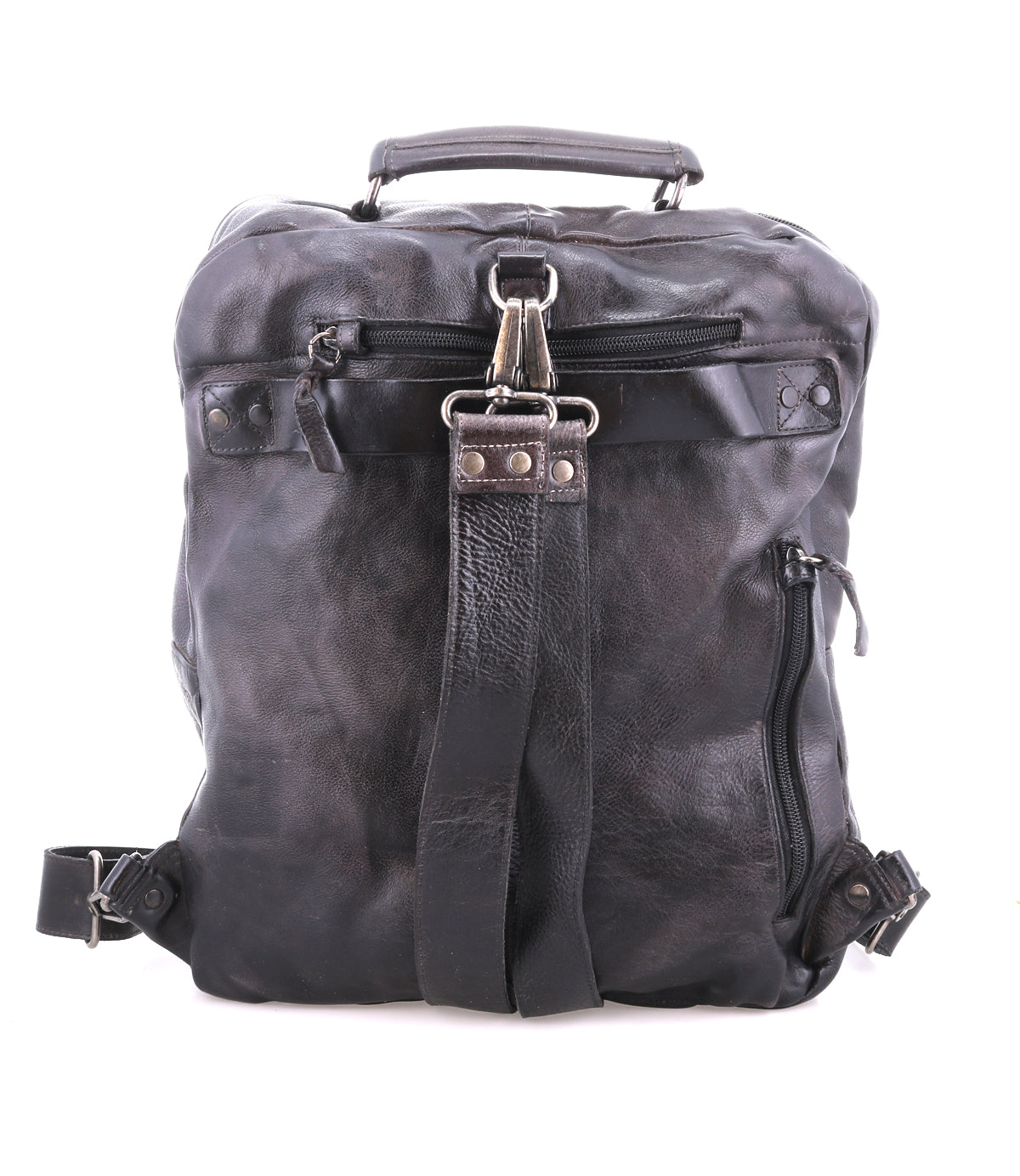 The Bed|Stü Lafe is a sleek black leather backpack, featuring metal zippers and buckles, a front handle, and a central strap, photographed against a white background. Designed as an anti-theft travel bag, the Lafe comfortably fits a 17-inch laptop while blending style and security for modern travelers.