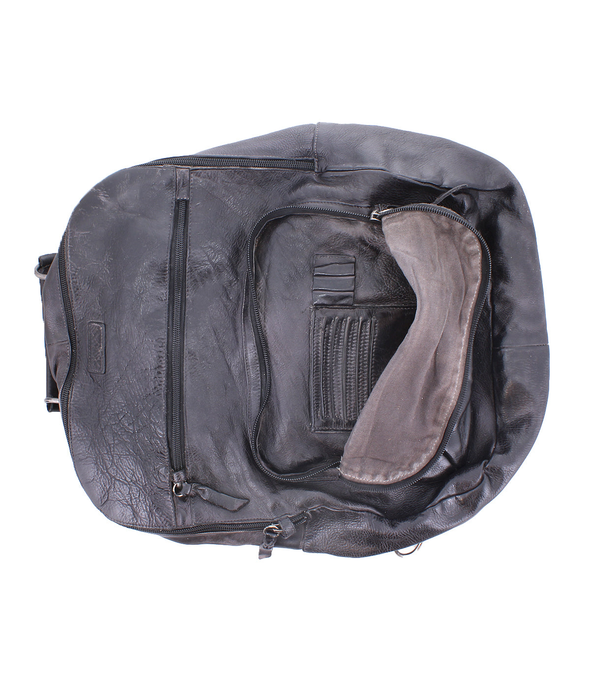 Bed|Stü’s Lafe backpack in worn black leather, featuring a zippered front pocket and visible distressing, is photographed against a white background—this rugged yet stylish bag offers ample space for use as a 17-inch laptop backpack.