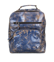 The Lafe backpack by Bed Stu is a square-shaped, blue and brown distressed leather bag with a top handle, front zipper pocket, and main compartment—ideal as a work bag or travel carry-on.