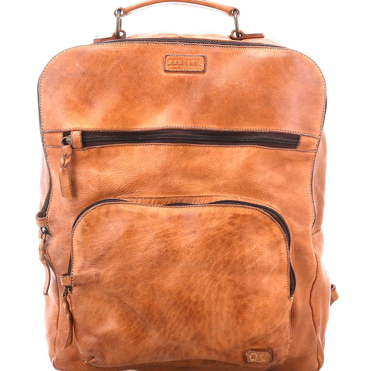 The Bed|Stü Lafe brown leather backpack, featuring two zippered front pockets and a top handle for easy carrying, is expertly designed as an anti-theft travel bag and is shown against a white background.