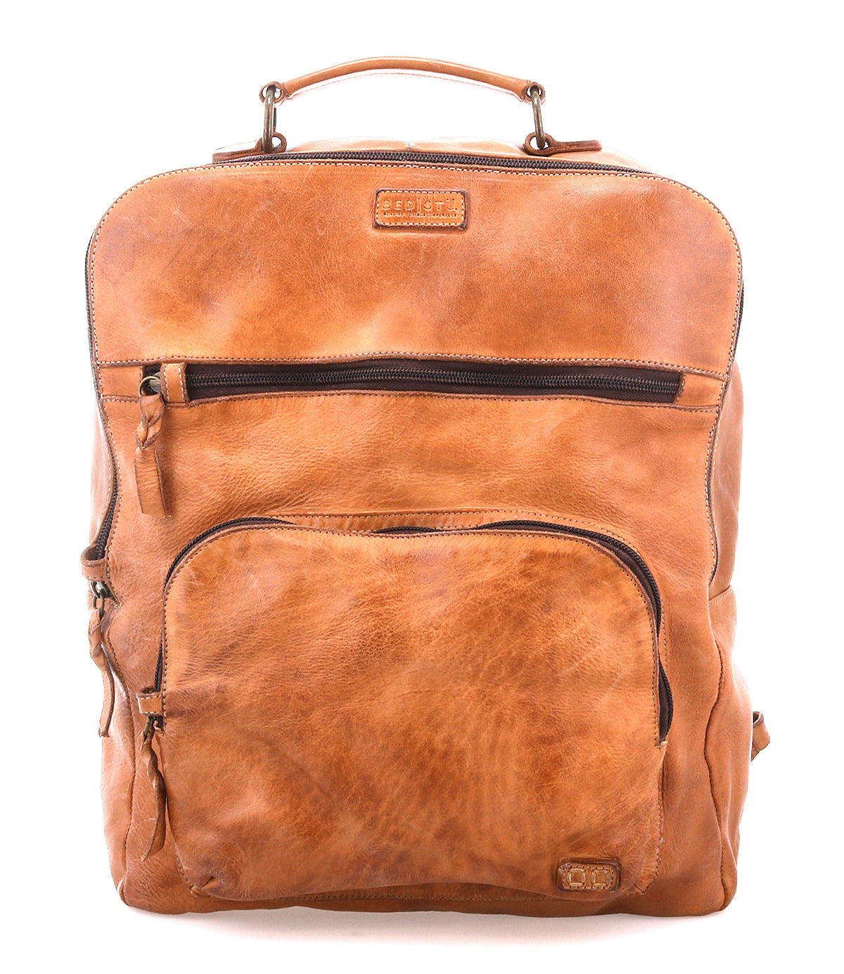 The Bed|Stü Lafe brown leather backpack, featuring two zippered front pockets and a top handle for easy carrying, is expertly designed as an anti-theft travel bag and is shown against a white background.