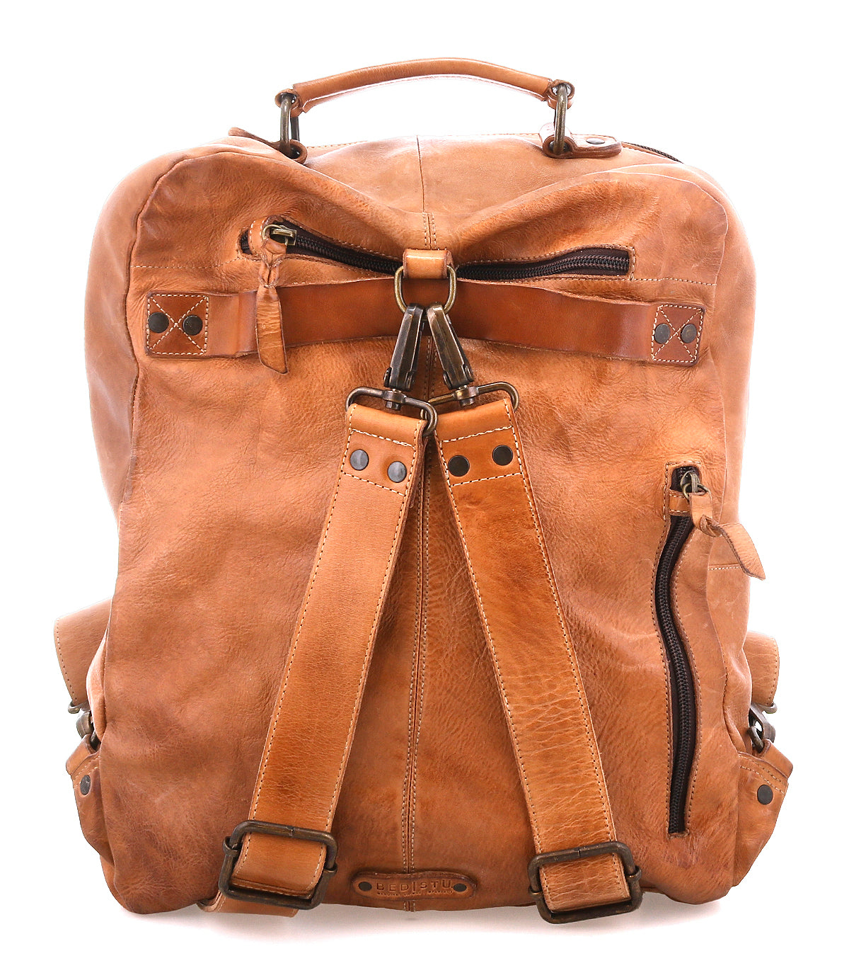 Introducing the Bed|Stü Lafe: a tan leather backpack crafted as a 17-inch laptop bag, equipped with two adjustable shoulder straps, a sturdy top handle, and multiple zippered pockets for organized storage—all showcased against a white background. Ideal as an anti-theft travel bag, the Lafe blends stylish design and secure functionality for your daily commute or next adventure.