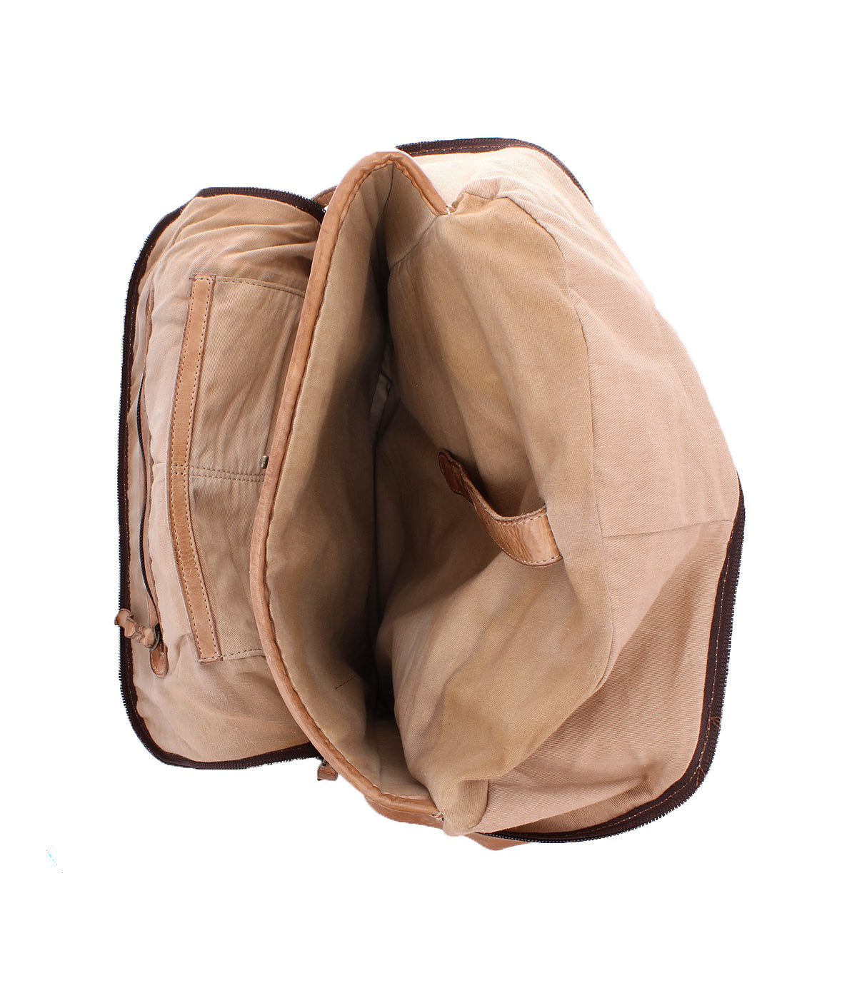 Discover the Lafe by Bed|Stü: an open tan canvas bag featuring a spacious, empty interior, an inner zippered pocket on the left, and a distinctive leather strap detail on the right—effortlessly combining classic style with the versatility of a leather backpack for all your daily adventures.