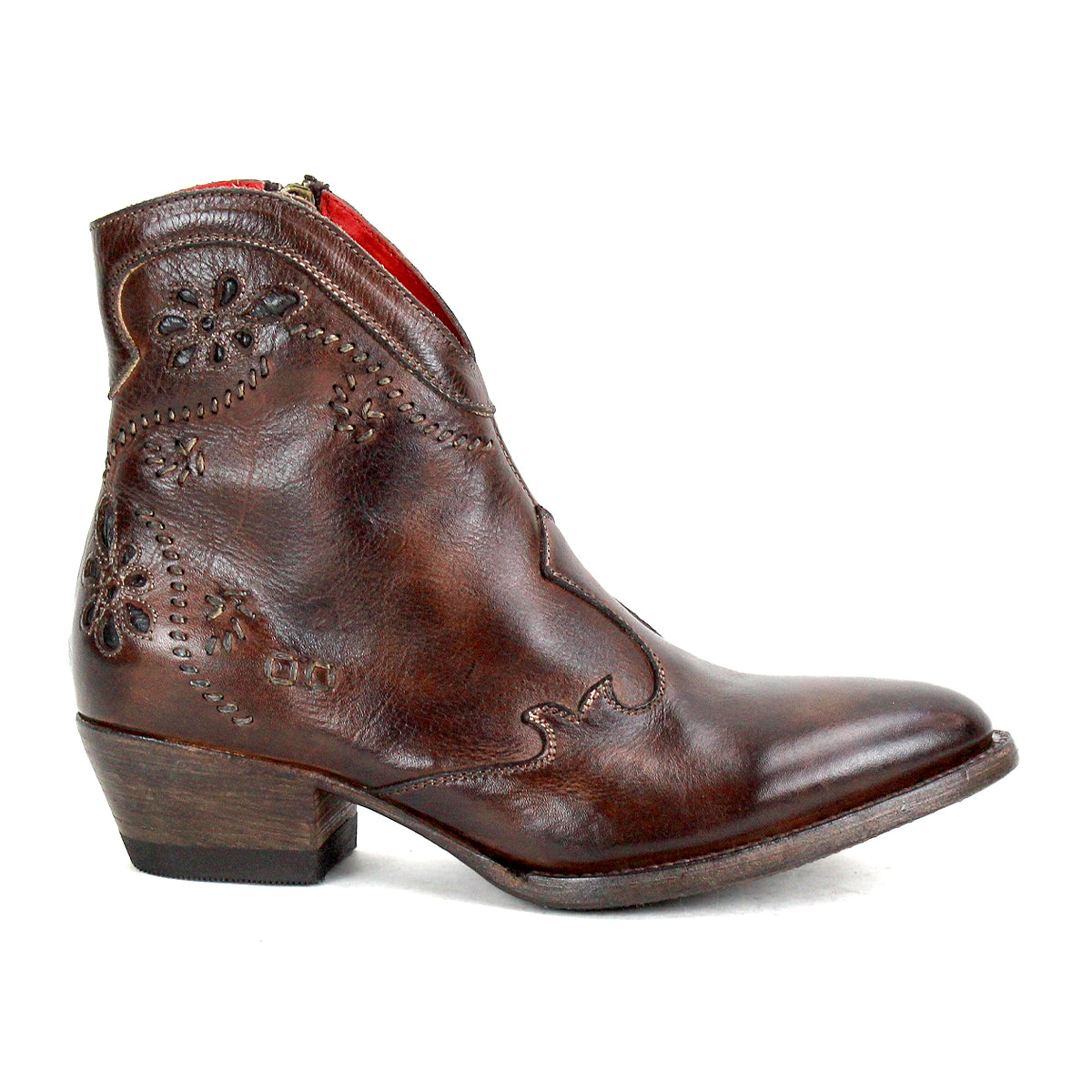 Laredoa by Bed|Stü is a brown leather western ankle boot featuring floral embroidery, a low wooden heel, and a slightly pointed toe; these feminine cowboy boots are shown from the side against a white background.