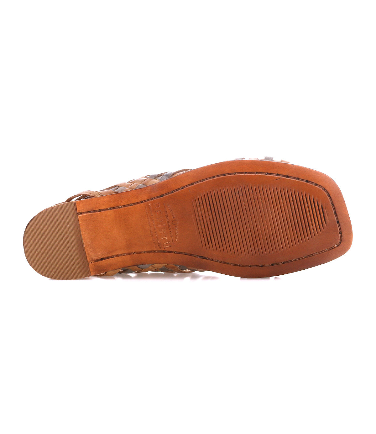 The image shows the bottom view of the Bed|Stü Lauren II huarache sandal, featuring a brown textured rubber sole and a small heel pad.