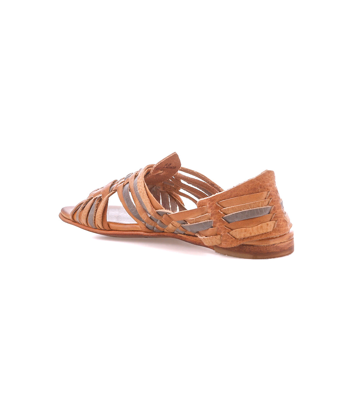 The Bed|Stü Lauren II is a brown flat huarache sandal featuring open toe and woven leather straps, displayed from a rear side angle against a white background.