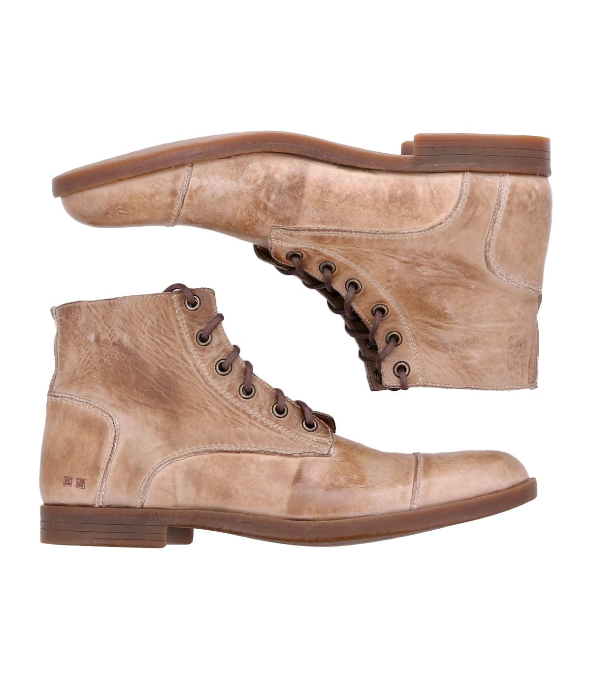 A pair of Bed|Stü Leonardo light brown lace-up leather ankle boots with low heels and a flexible rubber outsole, photographed side by side against a white background.