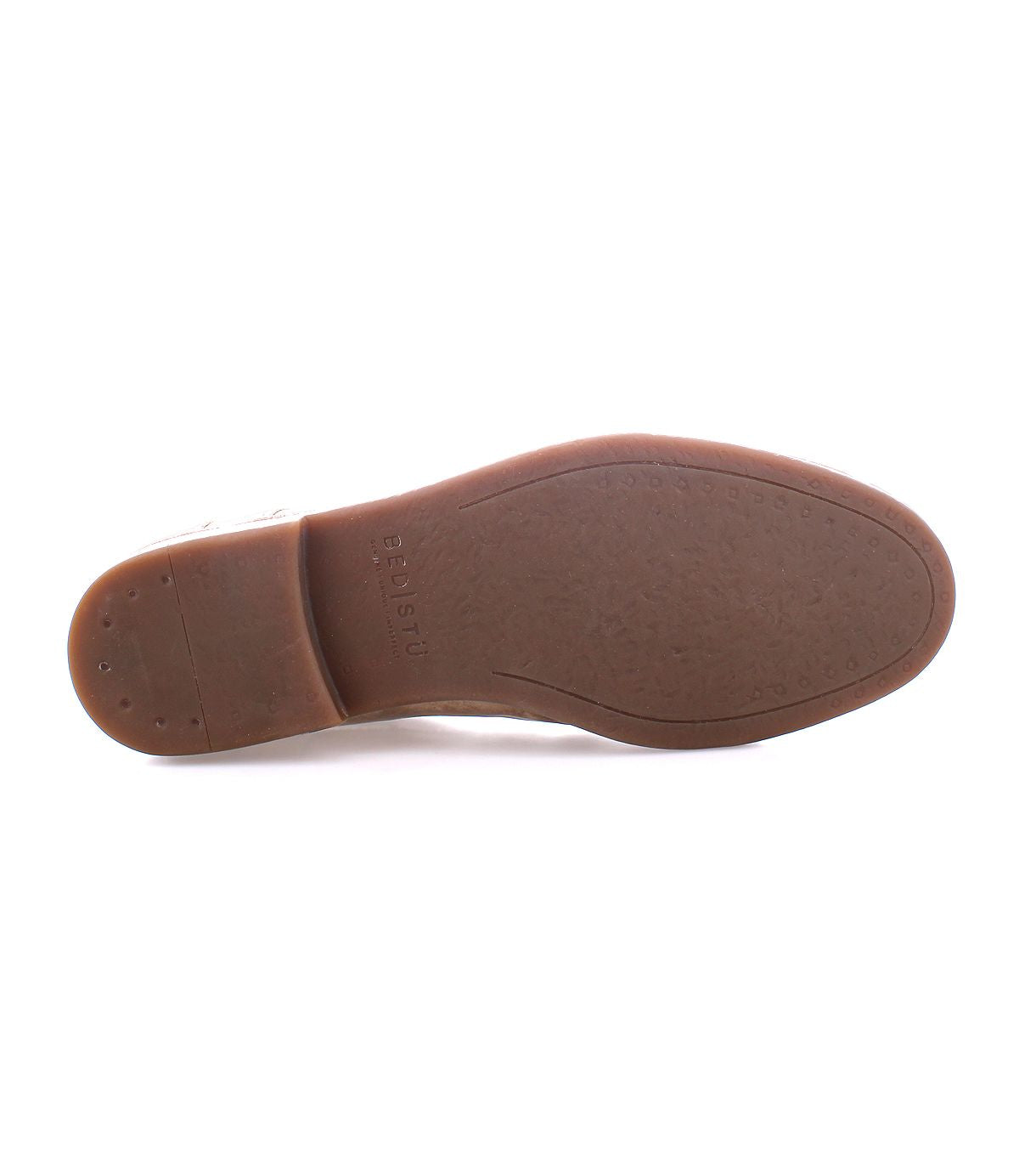 The Leonardo by Bed|Stü features a brown rubber sole viewed from the bottom, displaying its distinctive tread pattern and stitched edge around the perimeter—perfect for a leather boot with a flexible rubber outsole and cushioned insole that provide enhanced comfort and durability.