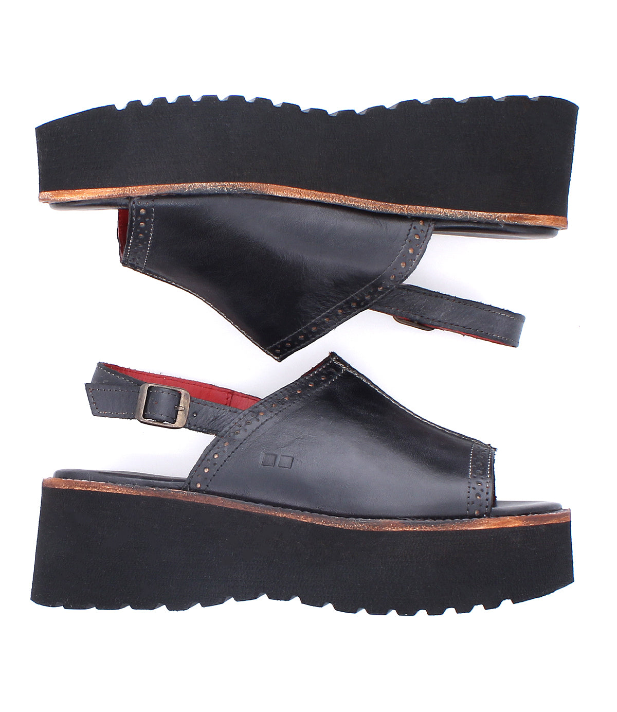 Step out in retro style with the Bed|Stü Library, a pair of black platform sandals featuring thick soles and slingback straps, showcased in a side view against a white background for the ultimate '90s-inspired footwear statement.