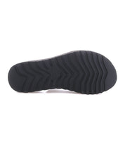 The image displays the black rubber sole of the Bed|Stü Library platform sandal, featuring a zigzag tread pattern when viewed from the bottom and evoking classic ‘90s retro style footwear.