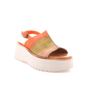 Introducing Library by Bed|Stü: a retro-inspired platform sandal showcasing an orange and green upper, open toe, ankle strap with buckle, and a thick white platform sole, set against a crisp white background.