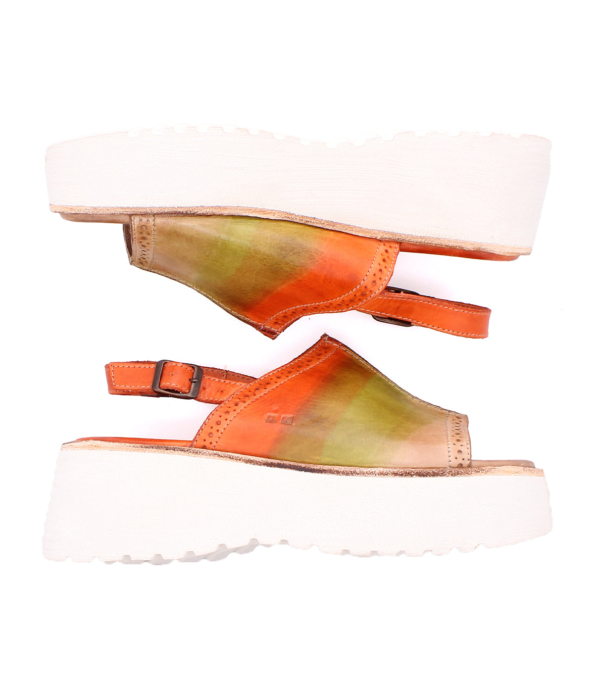 A pair of Bed|Stü Library platform sandals, featuring white soles and orange-to-green gradient leather uppers, are displayed side by side on a white background, capturing a retro '90s-inspired footwear aesthetic.