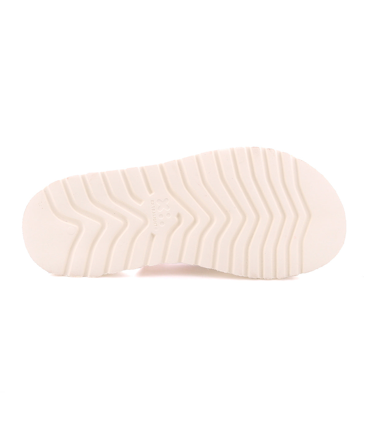 White sole of the Bed|Stü Library shoe viewed from below reveals a zigzag tread, with a small embossed logo and size marking at the center—perfect for those seeking an authentic vintage detail to complement their favorite platform sandal or channel a ‘90s style retro vibe.