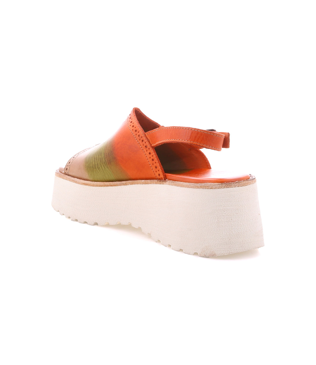 Bed|Stü’s Library sandal features orange and green hues, an open-toe silhouette, and a thick white platform sole. Seen from the back at a slight angle, this pair channels classic ‘90s retro footwear style.