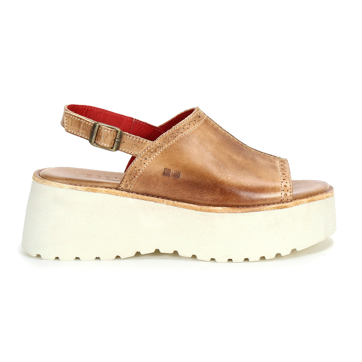 Step out in retro style with Bed|Stü's Library sandal: a brown leather slingback platform featuring an open toe, adjustable ankle strap, bold white sole, and striking red interior lining—an effortless ‘90s-inspired addition to your footwear collection.