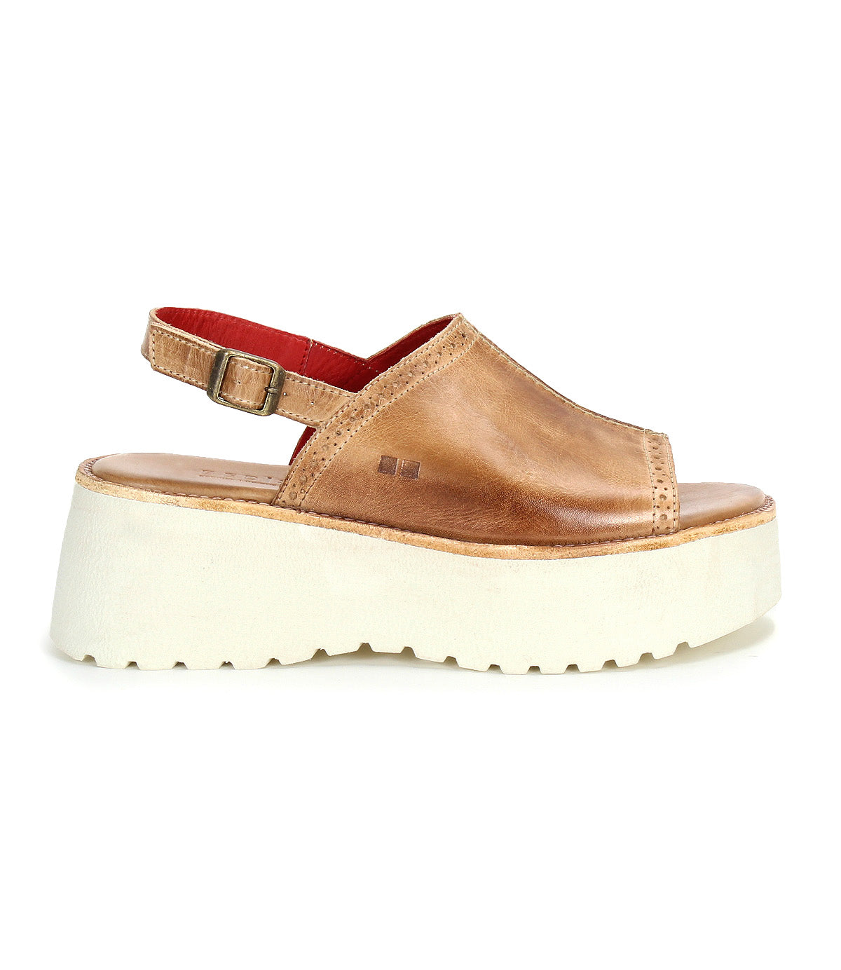 Step out in retro style with Bed|Stü's Library sandal: a brown leather slingback platform featuring an open toe, adjustable ankle strap, bold white sole, and striking red interior lining—an effortless ‘90s-inspired addition to your footwear collection.