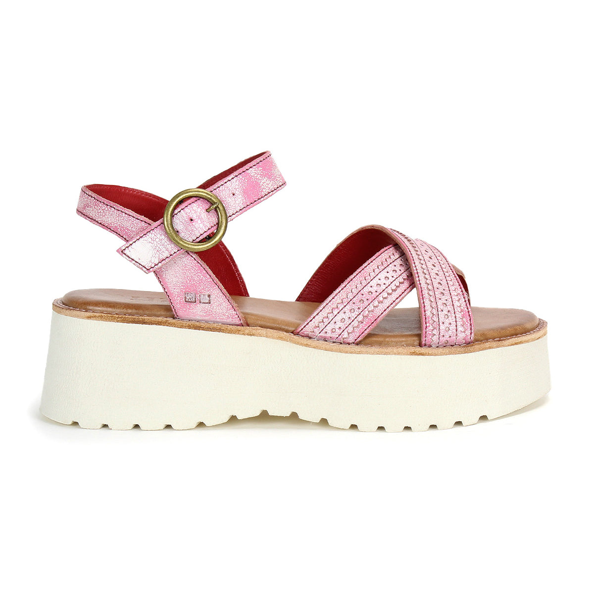 Introducing Lift by Bed|Stü—a pink platform sandal featuring a thick white sole, double front straps, an ankle strap with a gold buckle, and a vibrant red inner lining. Seen from the side, this stylish design effortlessly combines fashion with comfort, making it the perfect choice for those seeking trendy yet comfortable sandals.