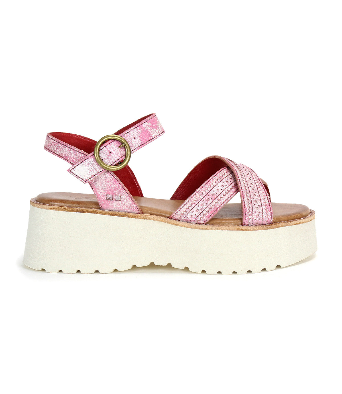 Introducing Lift by Bed|Stü—a pink platform sandal featuring a thick white sole, double front straps, an ankle strap with a gold buckle, and a vibrant red inner lining. Seen from the side, this stylish design effortlessly combines fashion with comfort, making it the perfect choice for those seeking trendy yet comfortable sandals.
