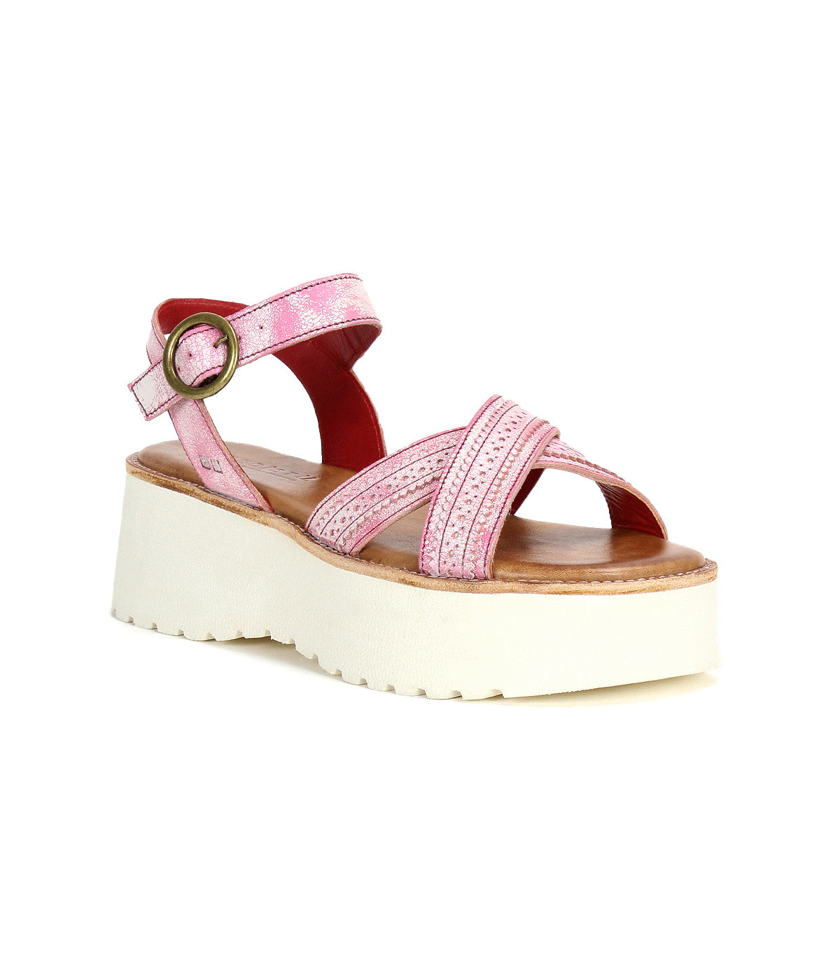 The Bed|Stü Lift sandal features crisscross pink straps, an ankle buckle, and a thick white platform sole; this stylish strappy sandal is shown on a white background.