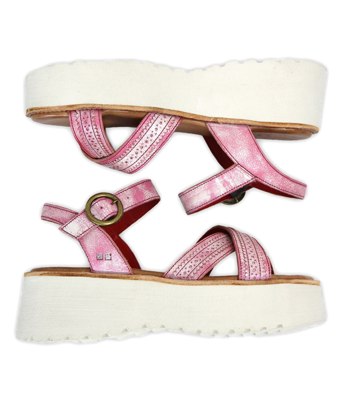 A pair of Bed|Stü Lift pink platform sandals with thick white soles, buckle straps, and textured detailing are displayed side by side on a white background.