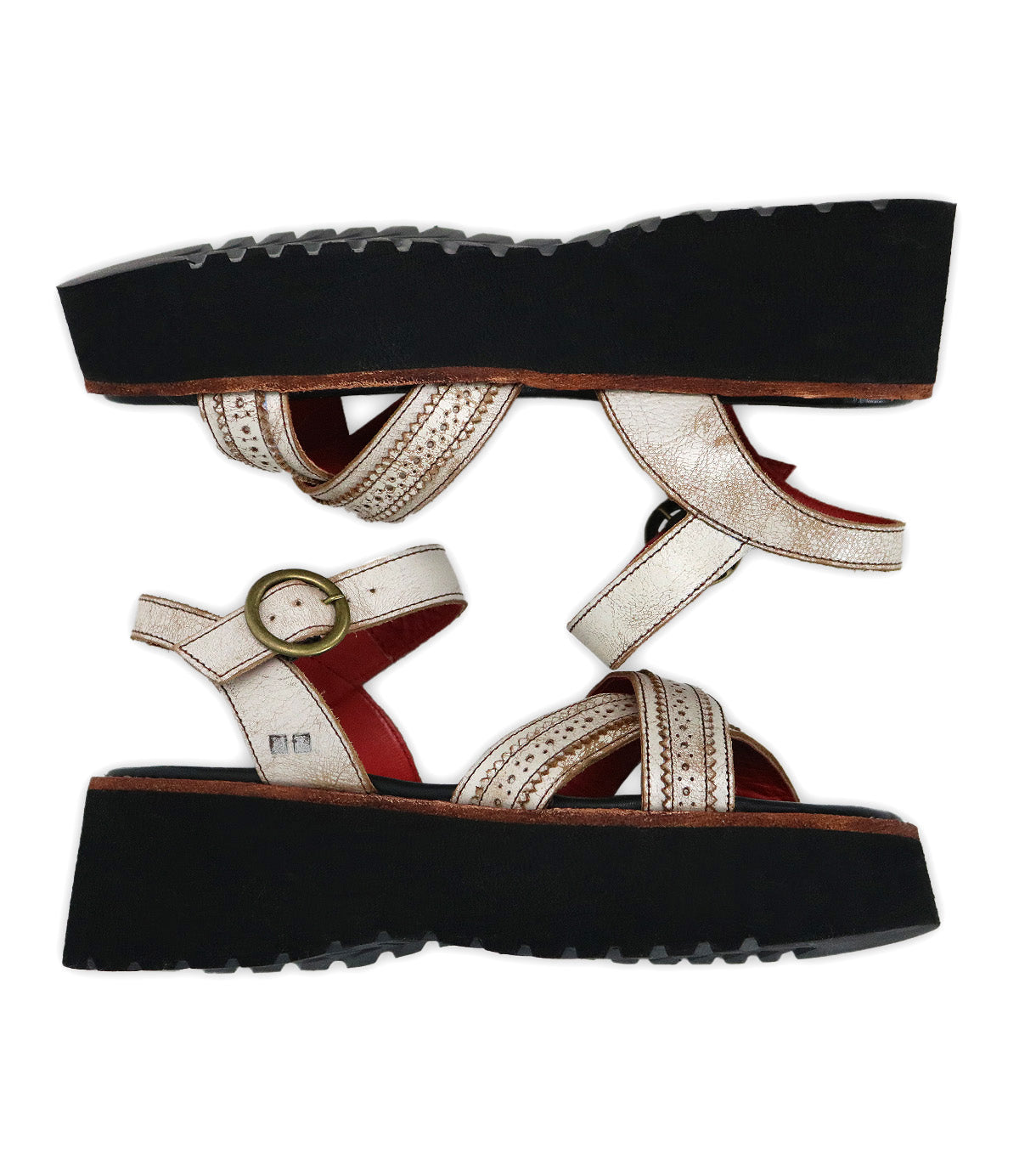 A pair of Lift white platform sandals by Bed|Stü, featuring black thick soles, ankle straps, and gold buckles, positioned sole to sole on a white background—these strappy platform sandals effortlessly combine style and comfort for any occasion.