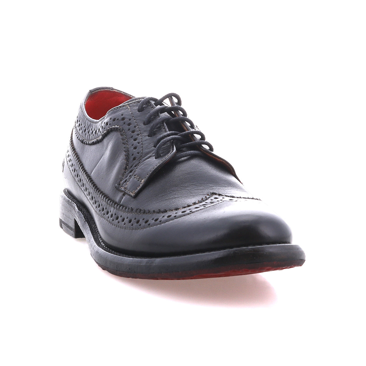 Lita K II by Bed|Stü, a black leather derby dress shoe featuring brogue detailing and a wingtip toe, displayed at a slight left-facing angle on a white background.