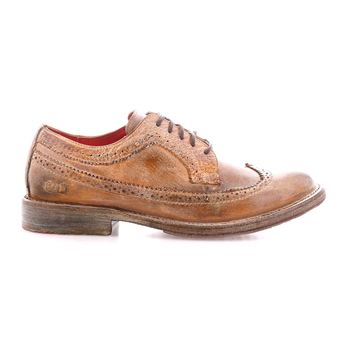 The Bed|Stü Lita K II is a brown leather classic derby dress shoe featuring brogue detailing, laces, visible stitching details, and a slightly worn appearance, with a wingtip toe design and shown from the side on a white background.