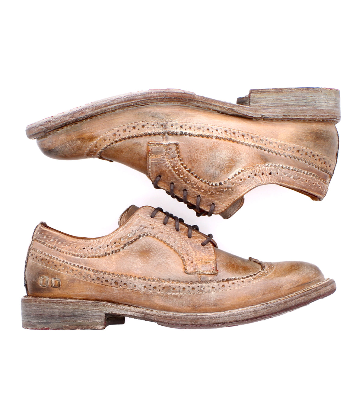 A pair of Bed|Stü Lita K II brown leather dress shoes, positioned side by side to display their outer sides and visible stitching, featuring subtle brogue detailing along the seams for an elegant touch.