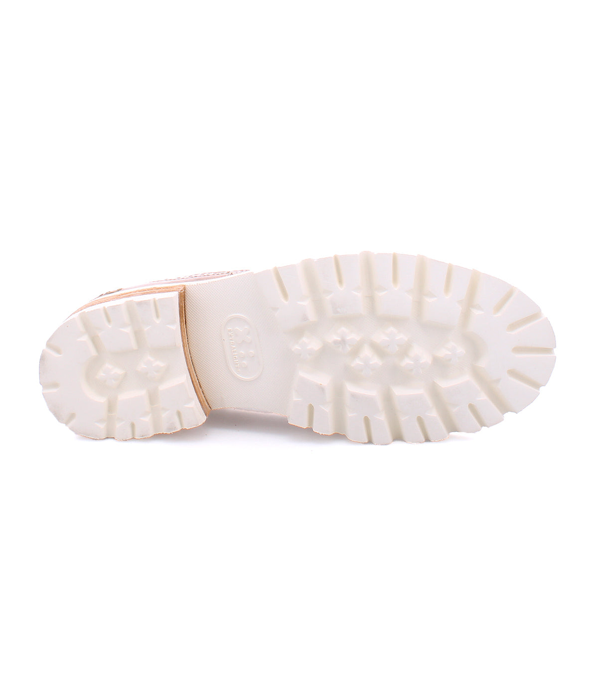 The image shows the white, textured rubber sole of the Bed|Stü Lita K III, a vintage-inspired shoe featuring a rugged tread pattern, viewed from the bottom.