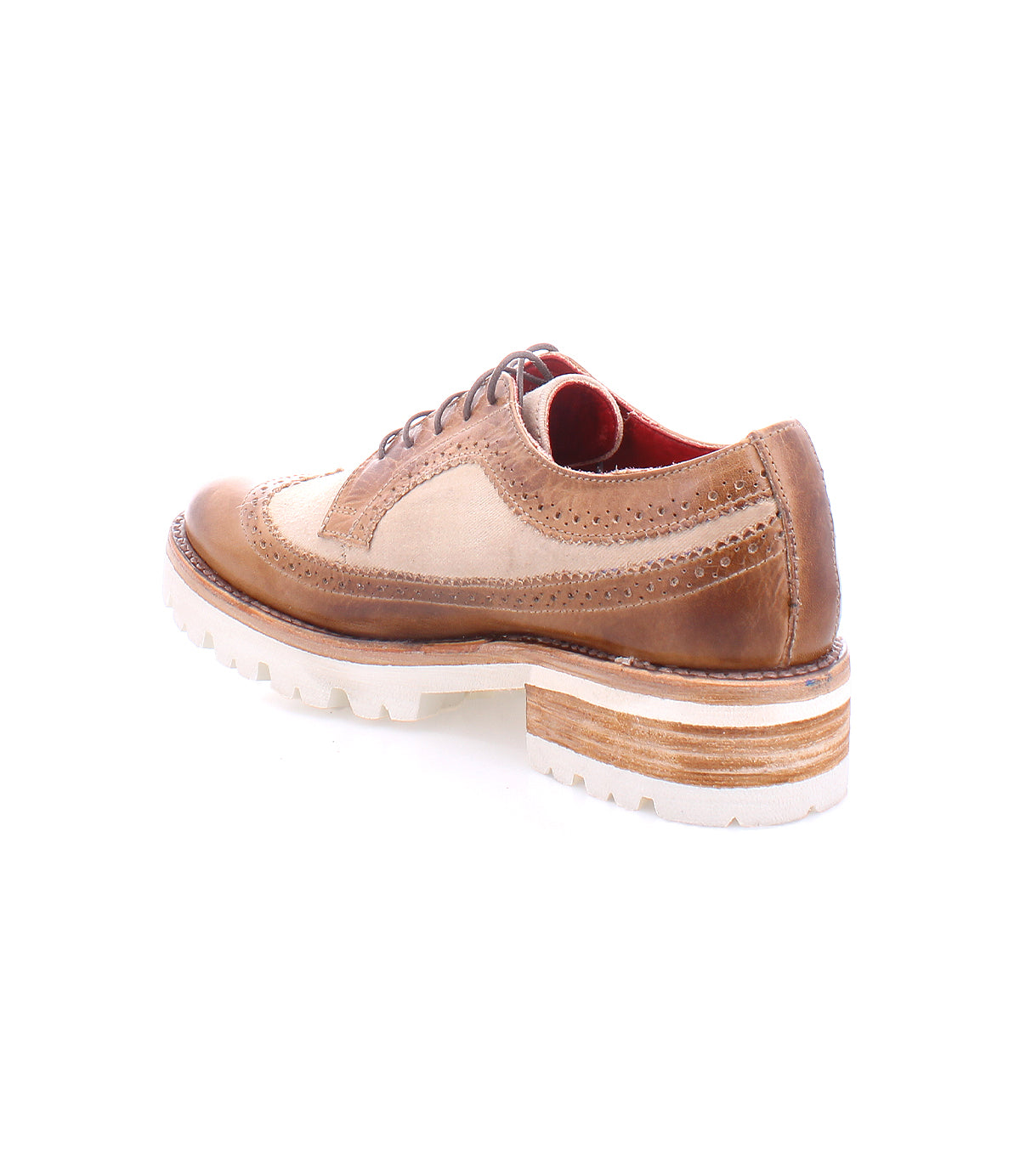 The Bed|Stü Lita K III is a brown and beige leather oxford shoe featuring decorative stitching, lace-up closure, and a thick white rubber sole; this vintage-inspired style blends classic charm with modern comfort, shown on a white background.