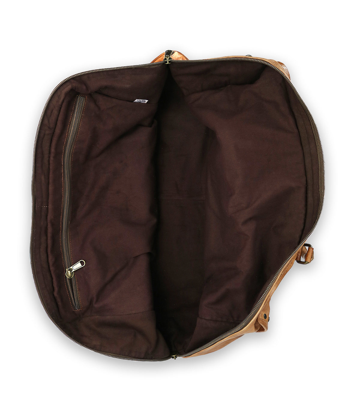 Top view of the Loaf by Bed|Stü, an open brown leather duffle featuring a dark brown fabric interior and a zippered side pocket—perfect as a stylish travel bag.