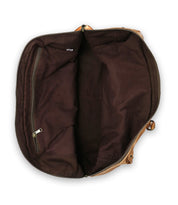 Top view of the Loaf by Bed|Stü, an open brown leather duffle featuring a dark brown fabric interior and a zippered side pocket—perfect as a stylish travel bag.