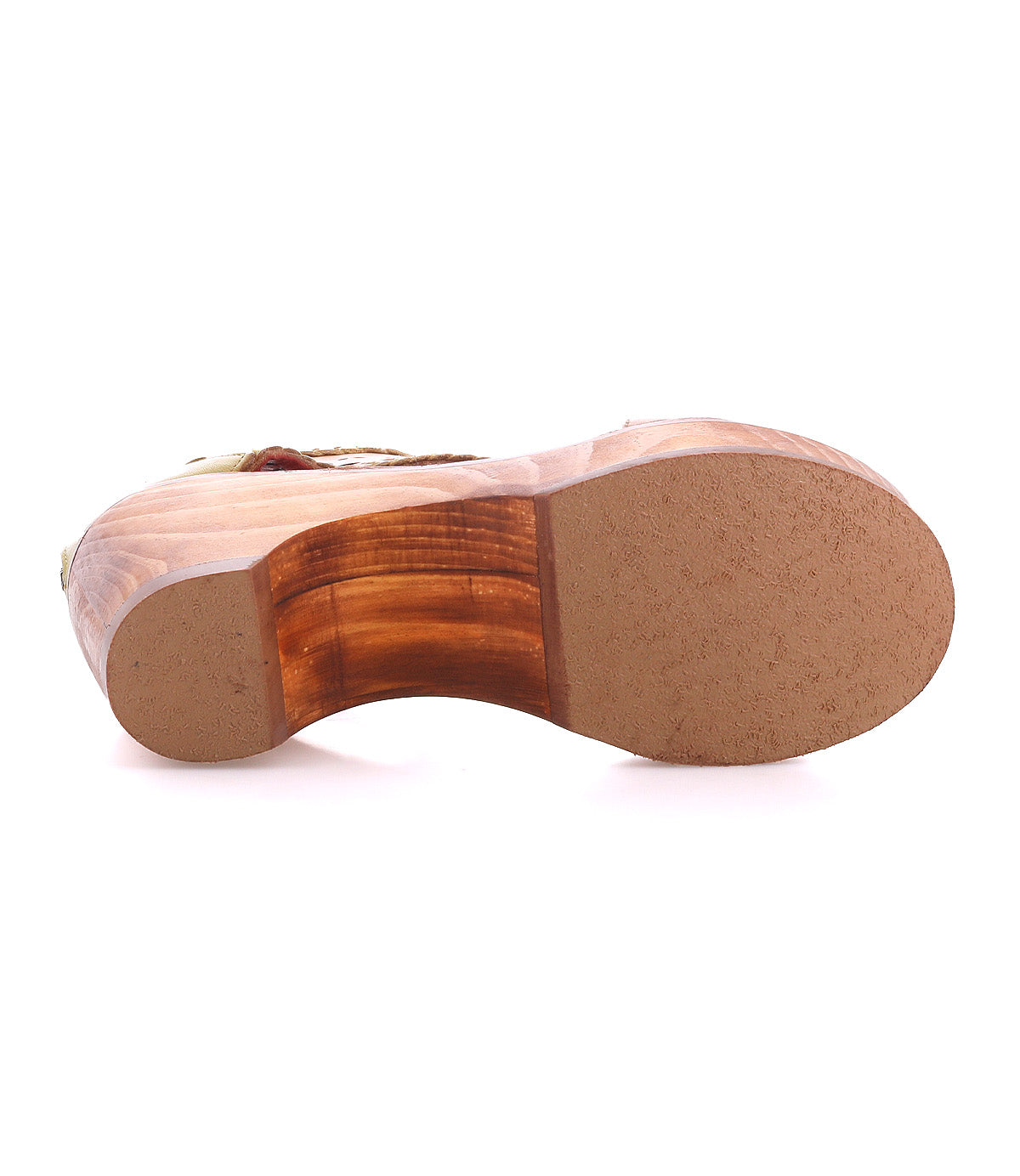 The image shows the bottom view of the Bed|Stü Locket sandal, featuring a sculpted wooden heel and a beige rubber sole, isolated on a white background.