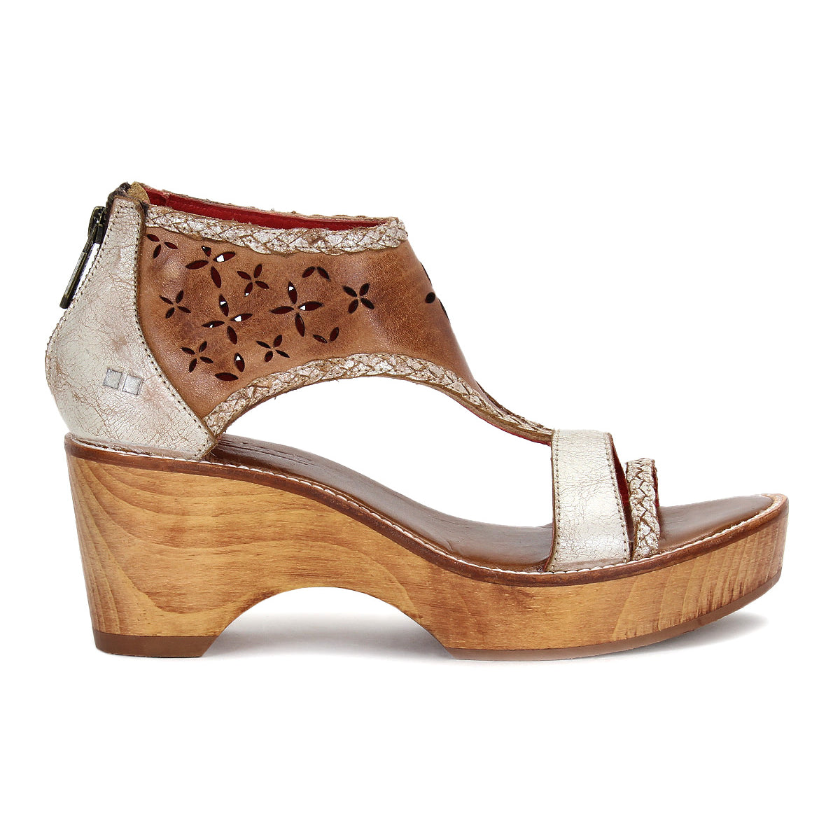The Bed|Stü Locket sandal is shown from the side against a white background, showcasing its single beige laser-cut floral leather upper and sculpted wooden wedge heel.
