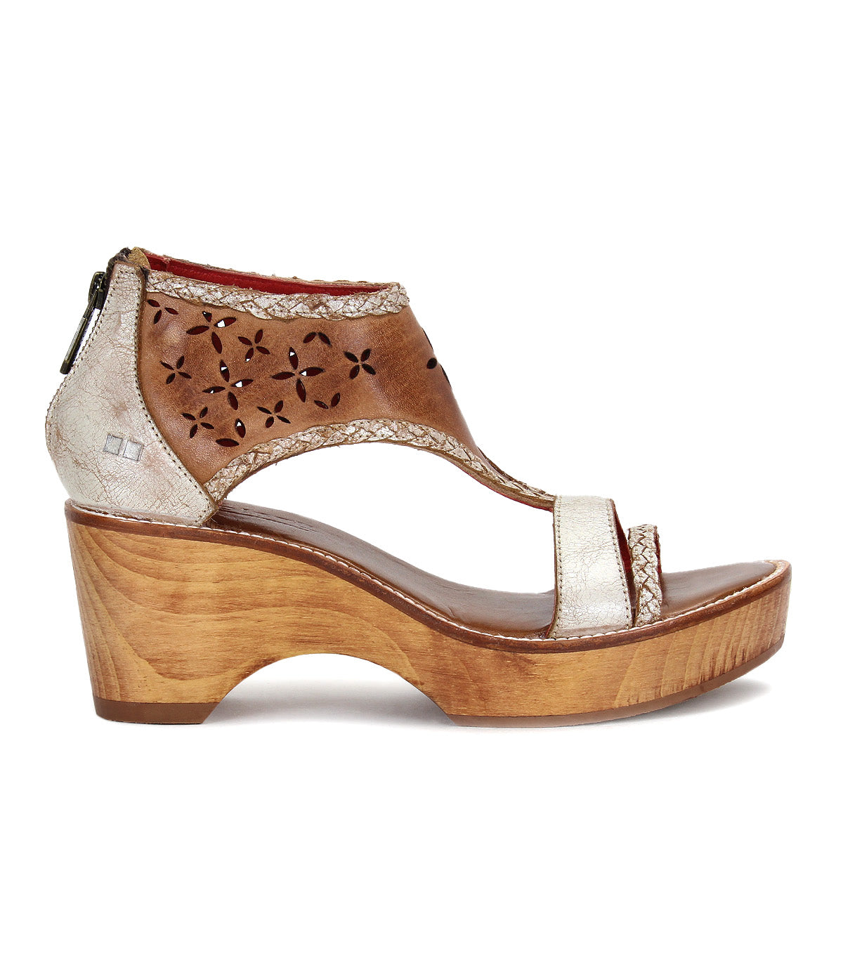 The Bed|Stü Locket sandal is shown from the side against a white background, showcasing its single beige laser-cut floral leather upper and sculpted wooden wedge heel.