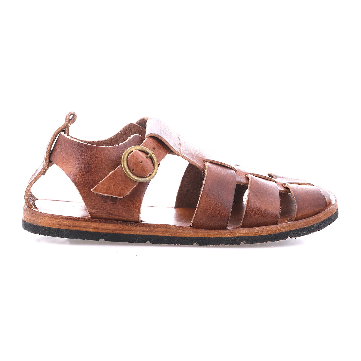 The Bed|Stü Lone sandal features brown distressed leather with multiple straps, an open toe, and a contoured footbed for added comfort. This flat sandal is detailed with an antique brass buckle closure on the side and is shown in a side profile against a white background.