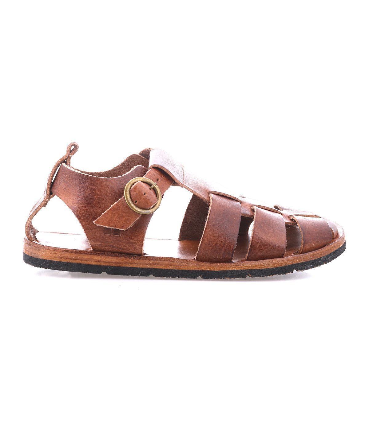 The Bed|Stü Lone sandal features brown distressed leather with multiple straps, an open toe, and a contoured footbed for added comfort. This flat sandal is detailed with an antique brass buckle closure on the side and is shown in a side profile against a white background.