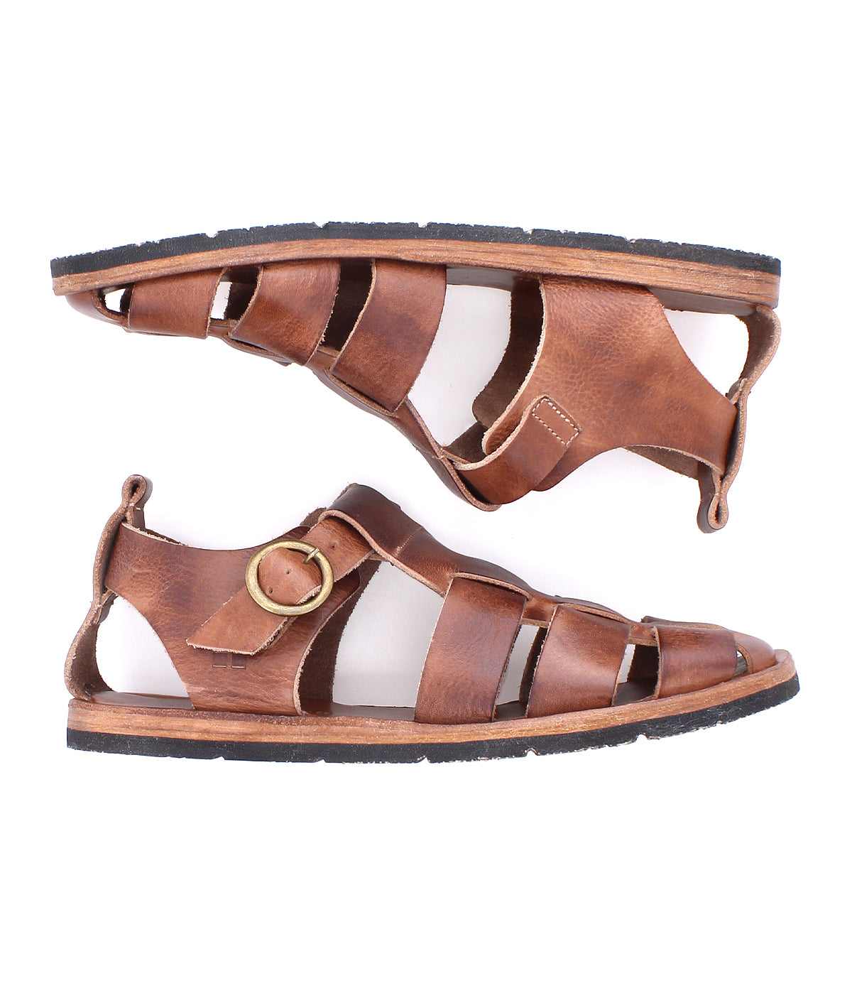 A pair of Bed|Stü Lone distressed leather sandals featuring an antique brass buckle and black rubber soles, displayed side and top view, aligned toe-to-heel.