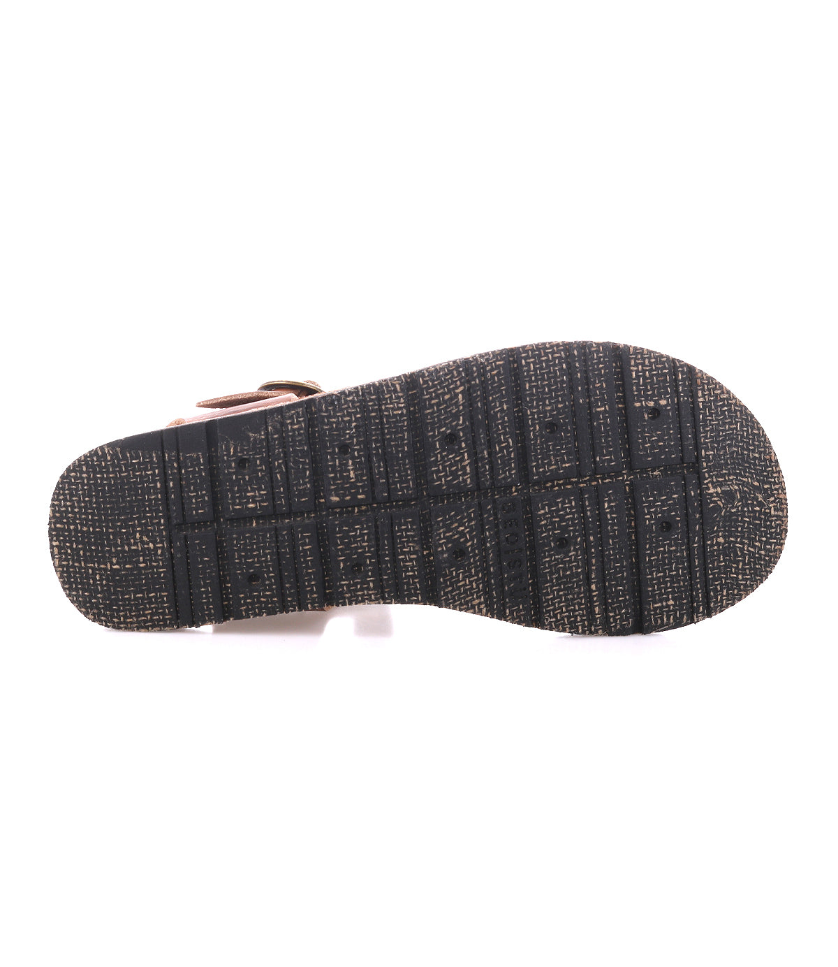 Bottom view of the Bed|Stü Lone sandal in black, showcasing a textured grid-patterned sole with visible tread marks, crafted to complement the distressed leather upper and antique brass buckle.