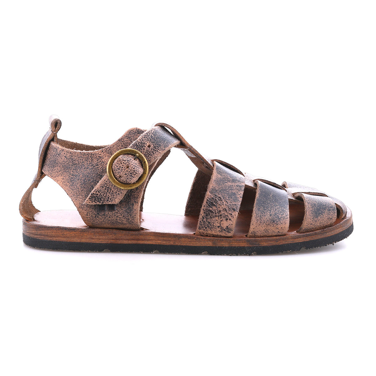 The Lone sandal by Bed|Stü is a single brown distressed leather gladiator with an antique brass buckle and open-toe design, displayed in profile against a white background.