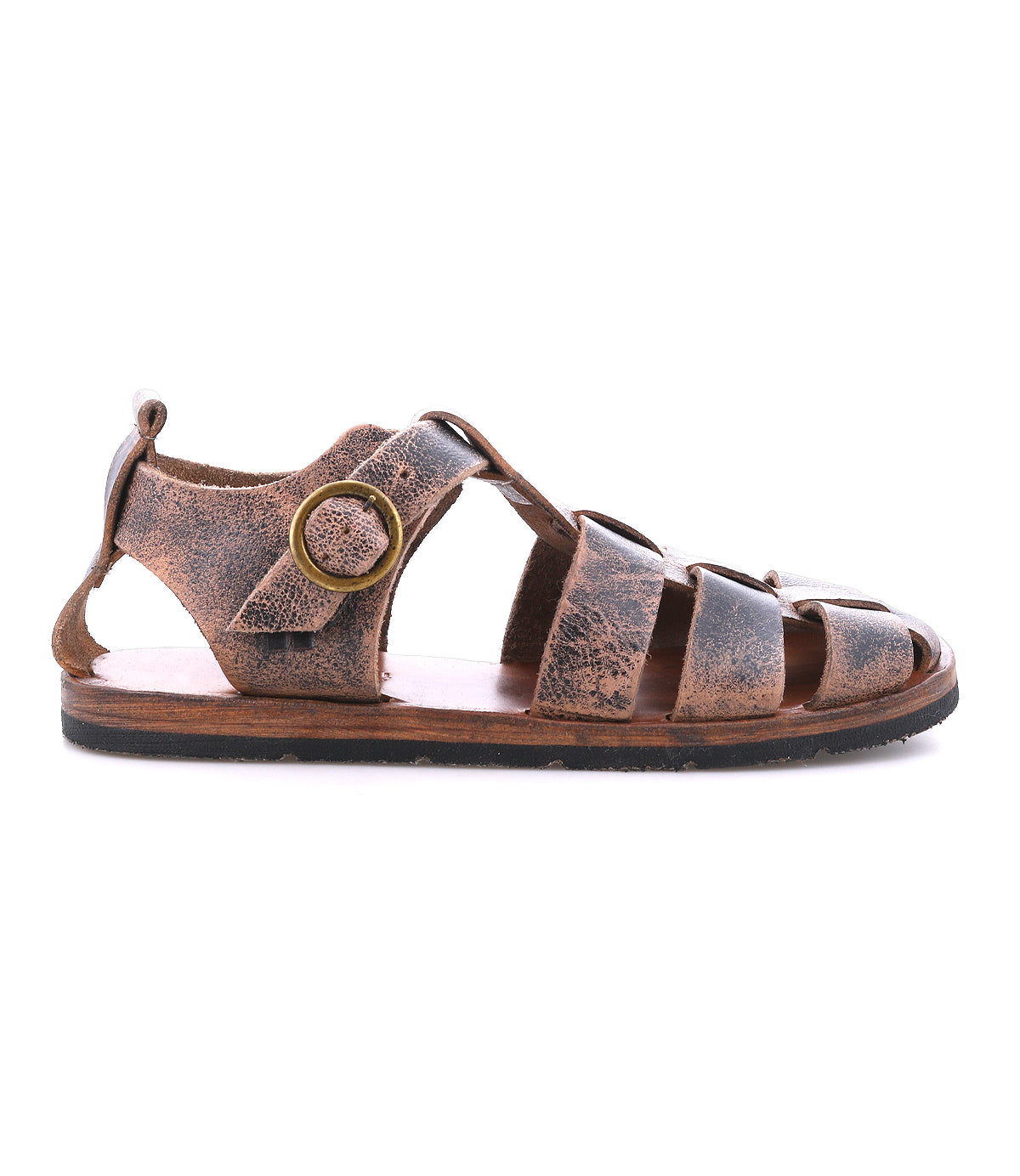 The Lone sandal by Bed|Stü is a single brown distressed leather gladiator with an antique brass buckle and open-toe design, displayed in profile against a white background.