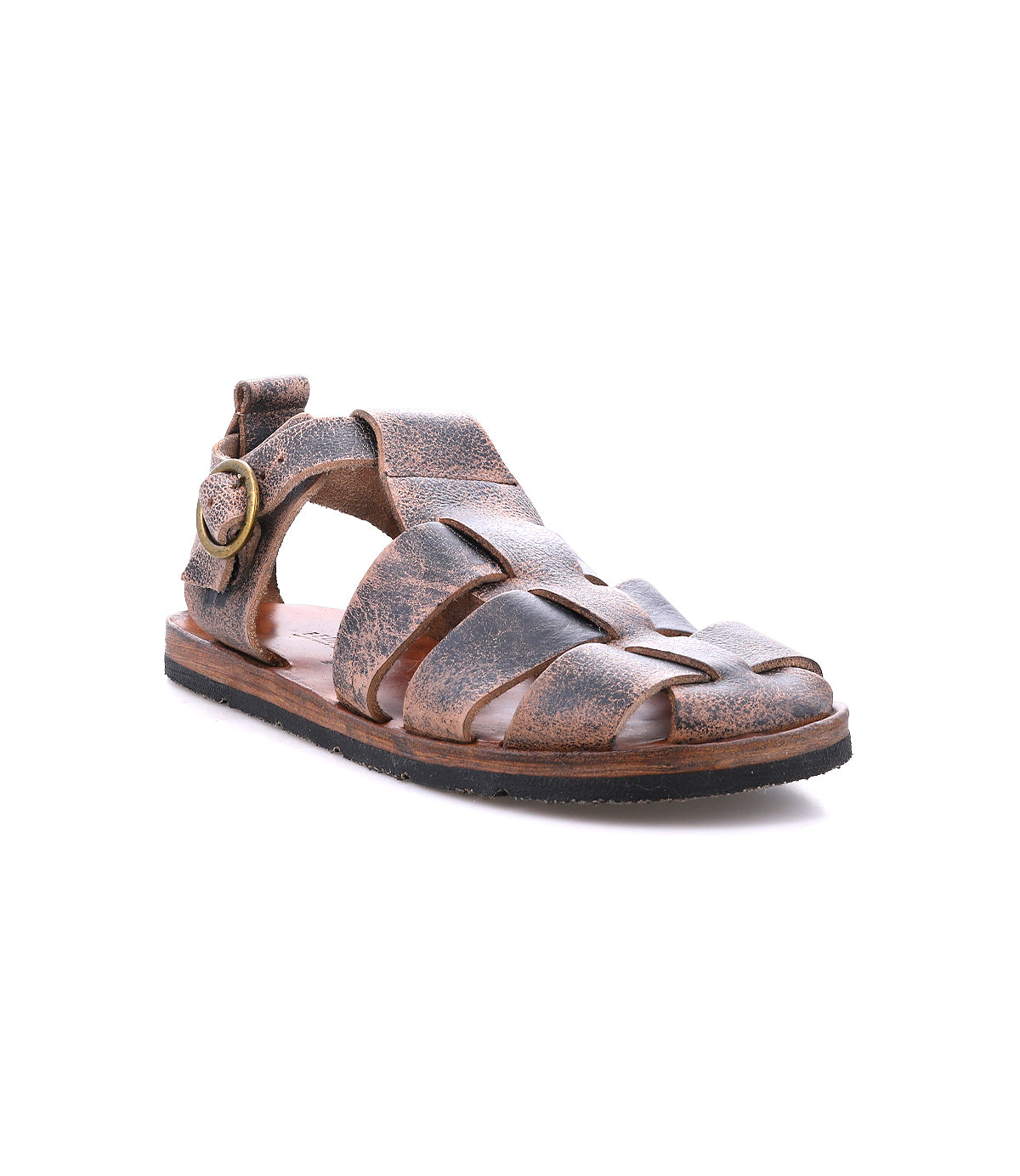 The Bed|Stü Lone sandal is crafted from brown distressed leather and features a closed toe, open sides, an antique brass buckle strap, and a flat sole with a contoured footbed; photographed on a white background.