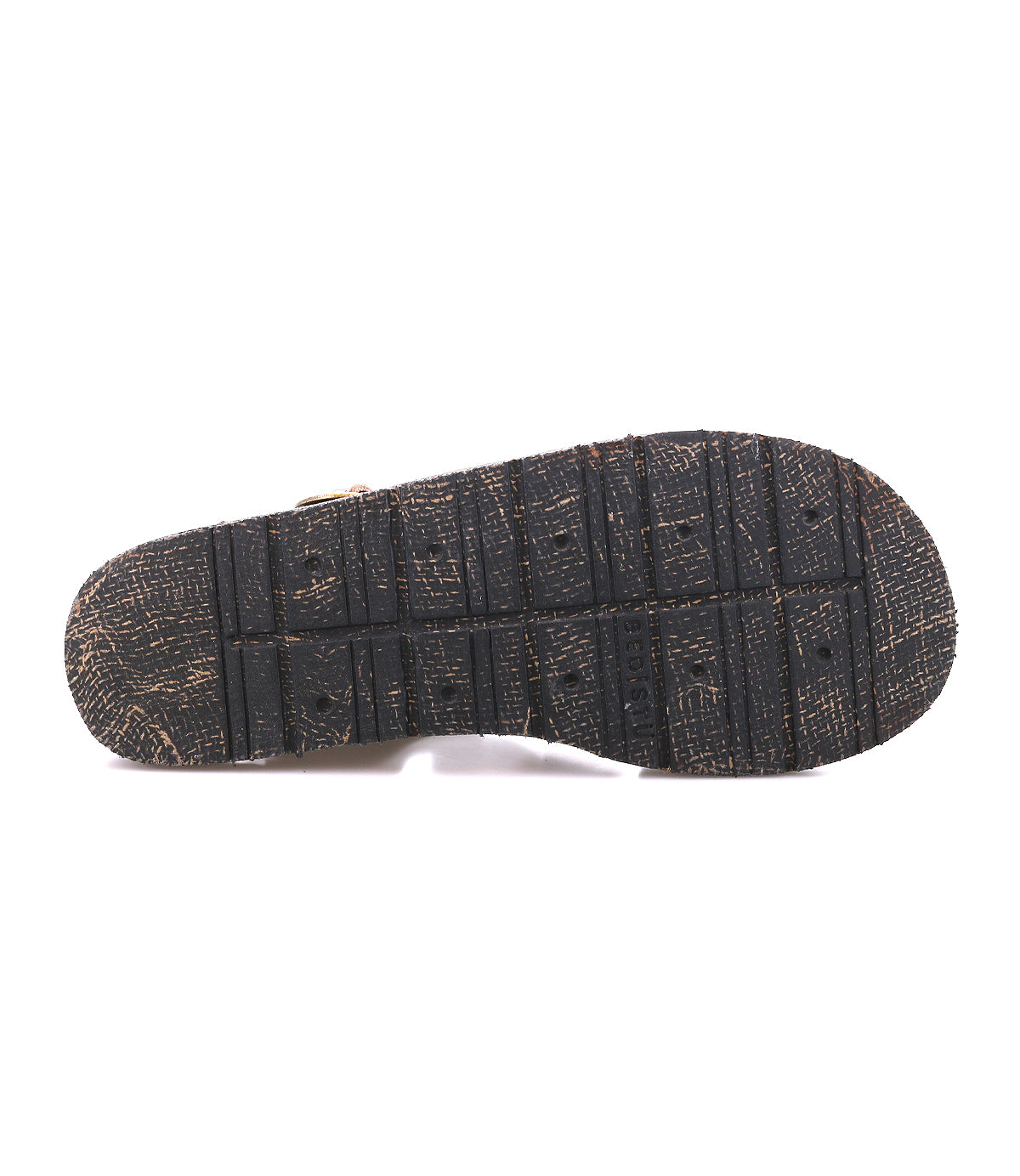 The image displays the textured black sole of the Bed|Stü Lone sandal, viewed from the bottom against a white background—highlighting the distressed design and contoured footbed crafted for comfort and support.