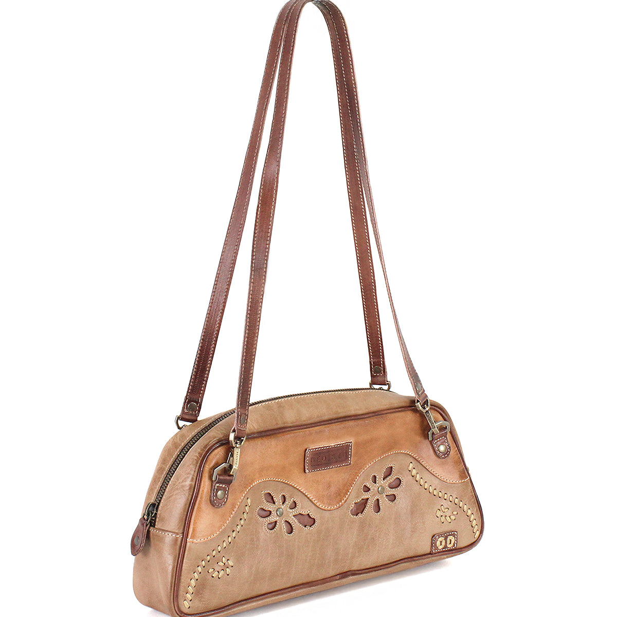 Bed|Stü Lorien brown leather shoulder bag featuring a floral motif, contrast stitching, and color-blocked details.