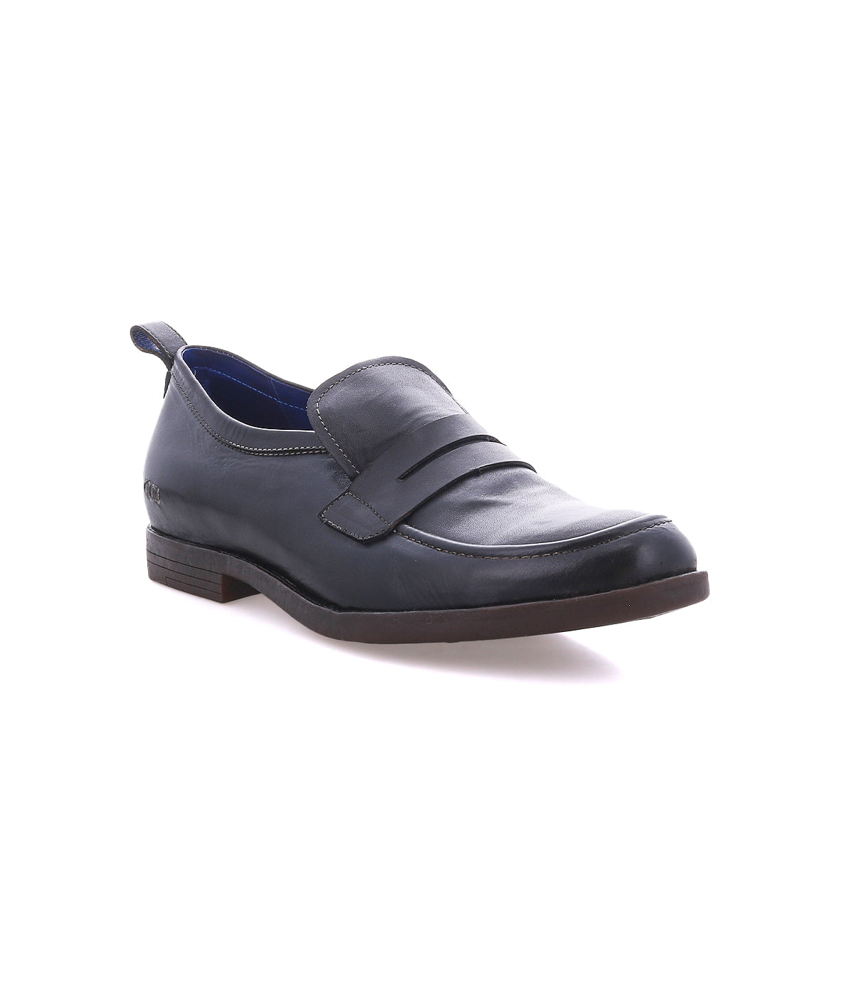 The Bed|Stü Lumaro is a single black penny loafer made from smooth leather, featuring a classic penny strap, low heel, and a pull tab at the back, showcased against a white background.