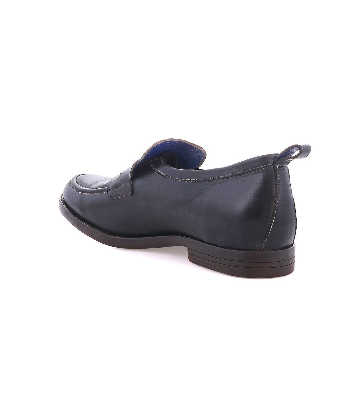 The Lumaro by Bed|Stü is a black men’s loafer made from smooth leather, featuring a low brown heel, displayed from the back angle against a white background.