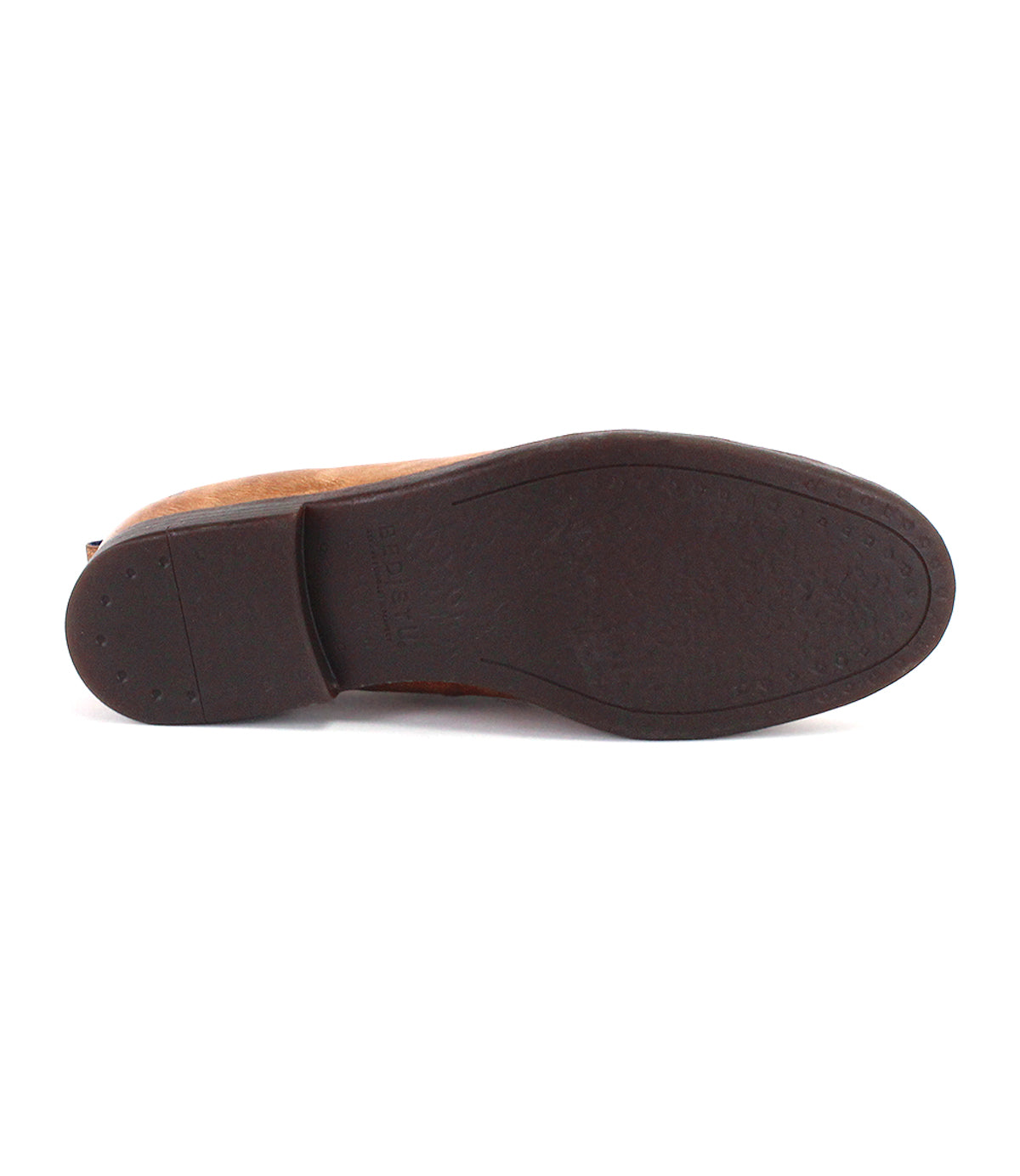 The image displays the bottom view of the Bed|Stü Lumaro brown men’s loafer, featuring a flat, textured rubber sole, set against a white background.