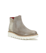 The Lydyi ankle boot by Bed|Stü features taupe leather, a thick white ridged platform outsole, low heel, round toe, cushioned insole for added comfort, and a subtle red lining visible at the top.